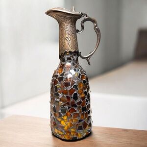 Montage Mosaic Glass & Metal Pitcher Ewer Decorative Amber Brown